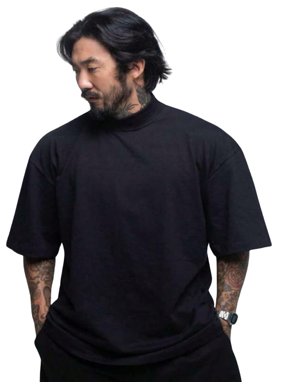 OVERSIZED HIGH NECK T-SHIRT/BASIC T-SHIRT/MEN'S T-SHIRT/100% COTTON T-SHIRT - 黑色的 - 查看 1