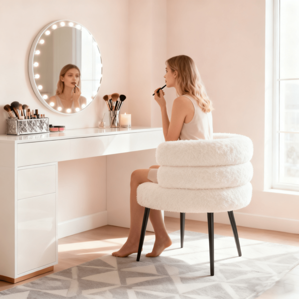 Nawahev Makeup Vanity Chairs With Back,Office Desk No Wheels,Comfy Fabric Easy To Install For Living Room,Bedroom,Home,Office,Dressing Room-Beige White