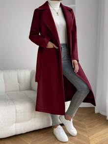 Áo khoác dài nữ mùa thu cổ ve lật, hai túi, có thắt lưng - Màu Đỏ Sâu - Xem 5