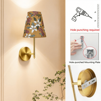 2个装 复古黑/金印花布艺壁灯 三色铁艺壁灯 适用于卧室床头灯 创意原木中世纪风格客厅书房台灯壁灯 E27/E26 可充电三色灯泡（含遥控器）