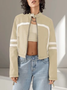 Women's Faux Leather Jackets Zip Up Stand Collar Cropped Viral Must-Have PU Coats Christmas Gift & New Year Gift - Apricot - View 1