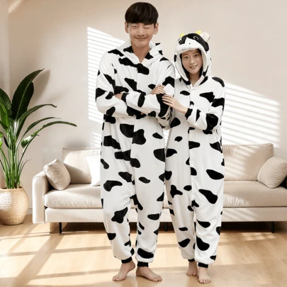 Blanco y negro Pijama Adulto Unisex de para parejas jóvenes, Pijama de una pieza para adultos Pijamas de una pieza para mujeres y hombres, parejas, suaves, de felpa, Animales disfraces de Halloween, Blanco y negro ropa para dormir Animales Cosplay Disfraces Trajes Hogar ropa para dormir.
