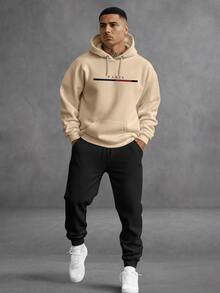 Unisex Paris Print Sweatshirt Set, Hoodie, Pants And Kangaroo Pocket Top - 卡其色 - 查看 1