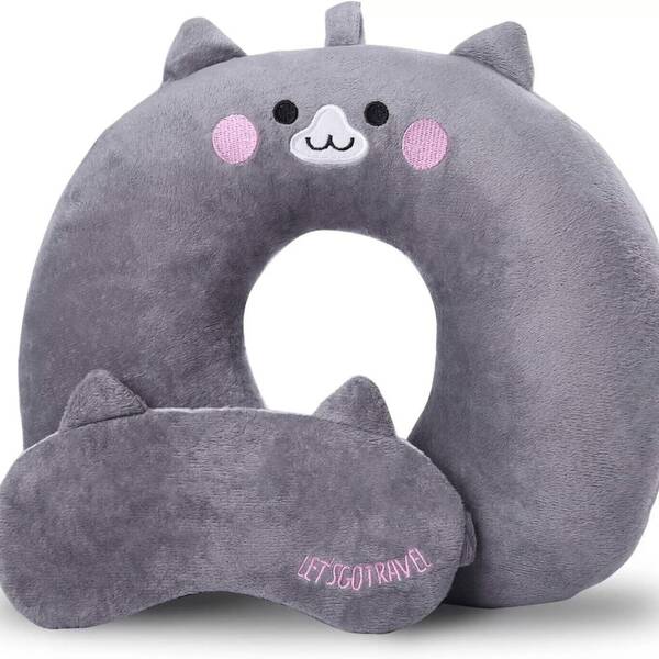 1 pièce Ensemble d'oreiller de voyage en forme de U adorable avec masque pour les yeux doux - Soutien ergonomique pour le cou pour l'avion, la voiture, la sieste au bureau, couleurs mélangées, 100% polyester, nettoyage ponctuel, sans impression, oreiller de voyage pour avion, oreiller de voyage, masque de sommeil, oreiller de voyage pour le cou, oreiller de voyage pour avion, accessoire de voyage