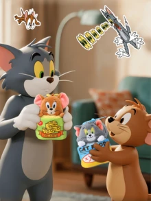 Classic Tom Cat from Tom & Jerry "CAT FOOD" Can Plush Keychain - Soft Grey Plush with Pink Inner Ears, Yellow Eyes & White Paws, Emerging from Blue-Yellow Can ("CAT FOOD" Text + Red Fish Print), Blue Elastic Strap, Paired with Jerry's Cheese Cans, Cans, Canons/