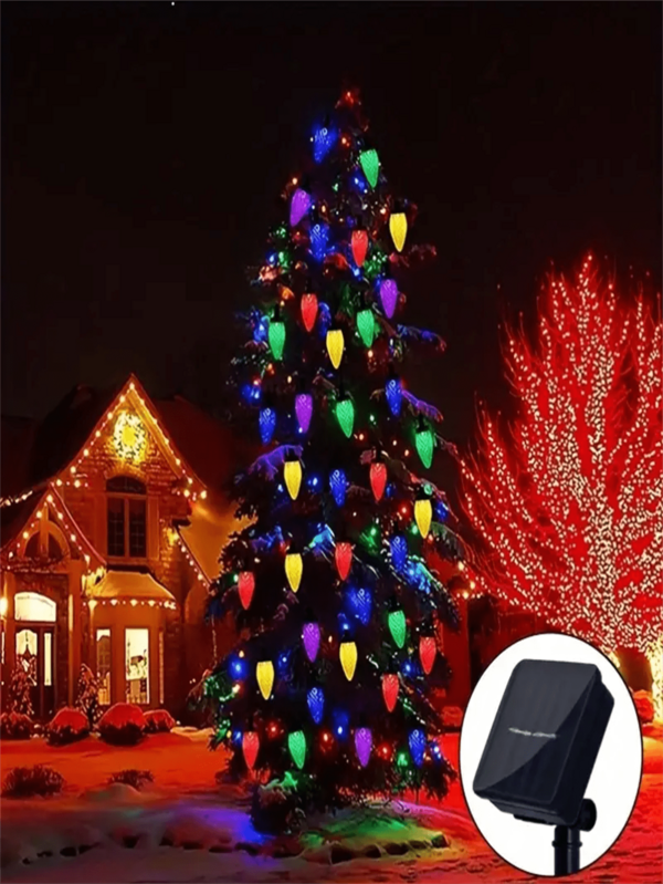 1 pièce Guirlande lumineuse solaire en forme de fraise, Guirlande lumineuse de décoration de Noël pour l'extérieur, Lumières d'ambiance de Noël, 8 modes d'éclairage de décoration de cour, Très adapté pour les arbres de Noël, les couronnes et la décoration extérieure. Décorations de Noël pour la maison, Cadeaux de Noël, Décorations de Noël