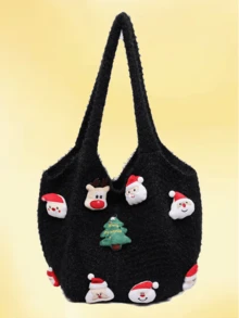 1pc, Versatile Fashion , High-Value Niche Design, Hand Bill Of Lading Shoulder Tote Bag, Contrast Knitted Fabric, Multi-Color Optional Large-Capacity Fan-Shaped Bag For Santa Claus Christmas Tree Deer Decoration, Suitable For Ladies' Daily Commuting And Shopping Occasions.