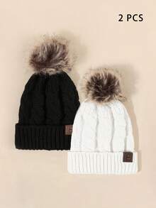 2pcs/Set Unisex Plush Ball Y2K Style Warm & Breathable Knitted Beanie Hats For Casual Wear Christmas Winter Fall - Black - View 2