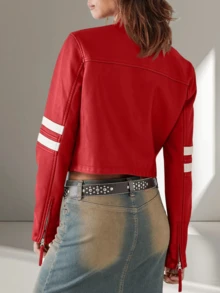 Women's Faux Leather Jackets Zip Up Stand Collar Cropped Viral Must-Have PU Coats Christmas Gift & New Year Gift - Đỏ - Xem 4