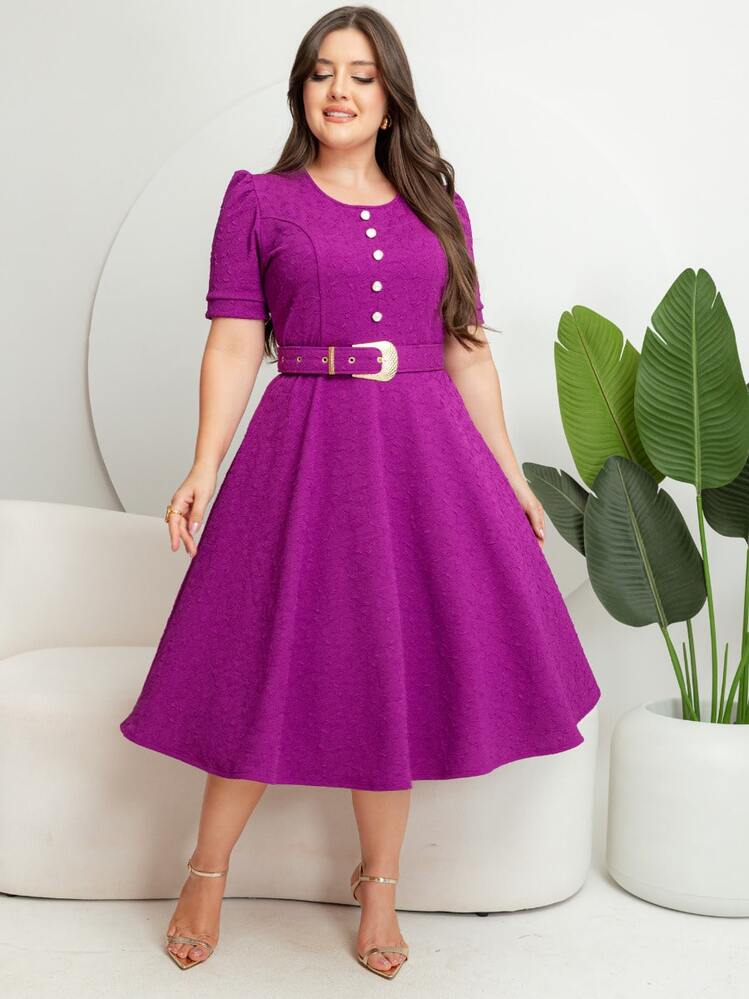 Vestido Midi Feminino com Cinto e Botões, Saia Rodada em Jacquard Texturizado - Roxo - Visão 4