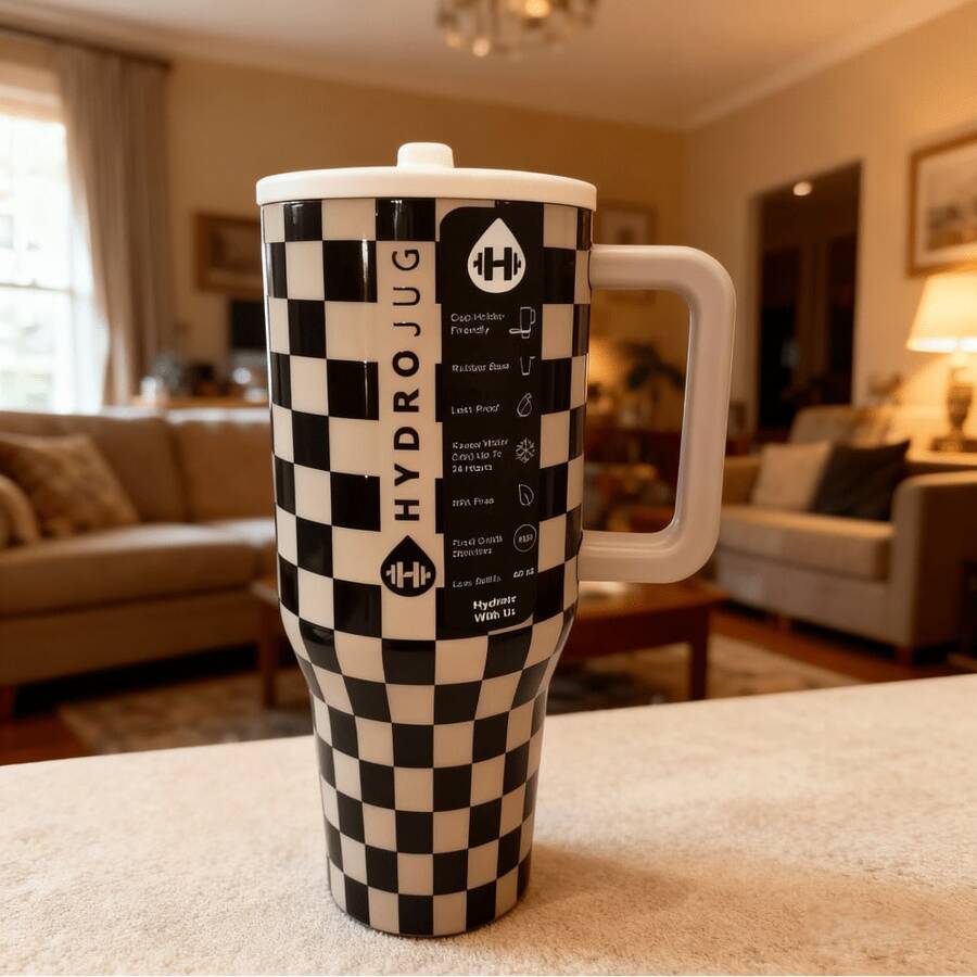 HYDRO-Jug Tumbler Water Bottle, Leak-Proof Travel Mug, Suitable For Coffee, Cold Drinks And Daily Use - Lưới đen trắng - Xem 1