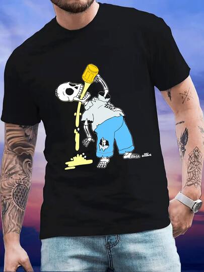Camiseta de hombre con diseño divertido de esqueleto bebiendo cerveza,estilo casual y moderno,ideal para un look original.