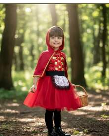 Conjunto de 2 piezas de disfraz de caperuza con cordones al frente para niñas - Rojo - Ver 1