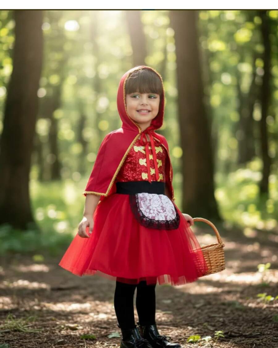 Conjunto de 2 piezas de disfraz de caperuza con cordones al frente para niñas - Rojo - Ver 1