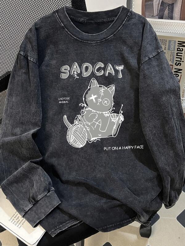 Oversized Vintage Black Cotton Washed Long Sleeve T-Shirt Women, Cartoon Cat Print, Loose & Slimming Design