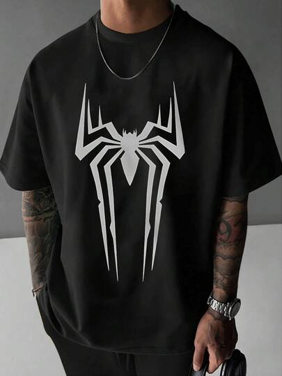 Camiseta gráfica para hombre con diseño de araña geométrica, camiseta urbana moderna para estilo casual, tela de algodón cómoda y transpirable, estampado exclusivo para hombre, camiseta elegante y de moda para uso diario.