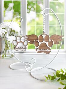 Enfeite personalizado em forma de pata de animal de estimação para amantes de pets, com nome gravado, em madeira, com design rústico de asas de anjo e formato redondo. Ideal para o Natal, aniversários e Dia da Lembrança do Animal de Estimação. - Branco - Ver 4