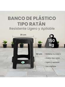 2 Bancos Plástico Rattan Redondo Uso Rudo Jardin Reforzado - Negro - Ver 2
