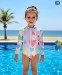 UV Protection Candy Color Magic Hearts Children's Swimsuit With Zipper - Nhiều màu - Xem 2