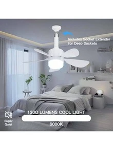 2-In-1 Plug-In Fan Light With Remote Control, Small Ceiling Fans With Lights, 3-Color Dimmable LED Bulb Fan, 1000LM, Easy To Install E26 Screw Base For Bedroom, Kitchen, Garage, Living Room - White - View 4