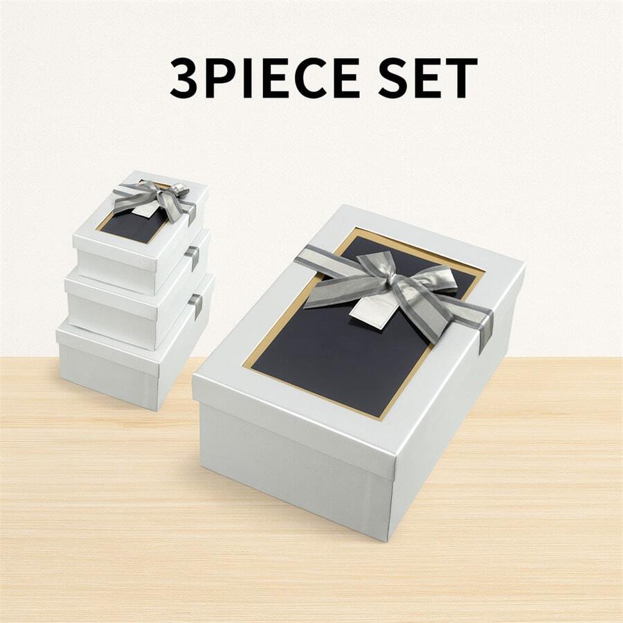 3 Stücke Set silberne rechteckige Geschenkboxen mit goldenem Rand und Schleife für elegante Verpackung - Silber - Übersicht 1