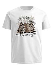 Camiseta masculina de manga corta con estampado navideño de árboles, copos de nieve y diseño moderno animal print, estilo casual y cómodo para fiestas y invierno - Blanco - Ver 2