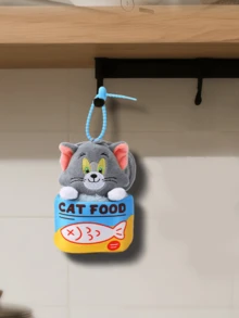 Classic Tom Cat from Tom & Jerry "CAT FOOD" Can Plush Keychain - Soft Grey Plush with Pink Inner Ears, Yellow Eyes & White Paws, Emerging from Blue-Yellow Can ("CAT FOOD" Text + Red Fish Print), Blue Elastic Strap, Paired with Jerry's Cheese Cans, Cans, Canons/