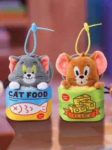 Classic Tom Cat from Tom & Jerry "CAT FOOD" Can Plush Keychain - Soft Grey Plush with Pink Inner Ears, Yellow Eyes & White Paws, Emerging from Blue-Yellow Can ("CAT FOOD" Text + Red Fish Print), Blue Elastic Strap, Paired with Jerry's Cheese Cans, Cans, Canons/