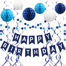 蓝色生日装饰 - 海军蓝生日快乐横幅，配有 6 个蜂窝球、6 个金属悬挂漩涡和圆点花环装饰，适用于男士生日派对装饰 - 藍色螺旋套 - 查看 2