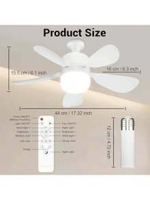 2-In-1 Plug-In Fan Light With Remote Control, Small Ceiling Fans With Lights, 3-Color Dimmable LED Bulb Fan, 1000LM, Easy To Install E26 Screw Base For Bedroom, Kitchen, Garage, Living Room - White - View 2