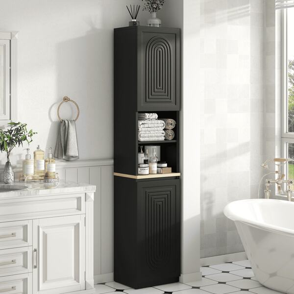 Gabinete de baño de 67" de alto con 2 puertas, gabinete de almacenamiento independiente delgado con estantes ajustables, gabinete estrecho para espacios pequeños, sala de estar, entrada, negro
