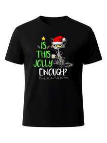Camiseta masculina con estampado divertido de gato navideño con luces de colores, diseño moderno y cómodo para fiestas, ideal para regalo informal de invierno - Negro - Ver 2