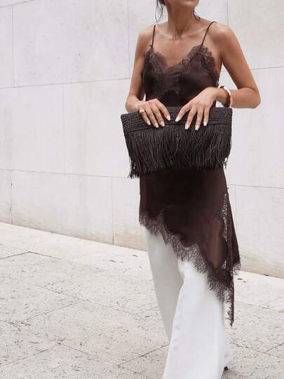 Women's Lace Trim Asymmetrical Mini Tank Dress Spaghetti Strap V Neck Satin Camisole Dresses Casual Party Wear