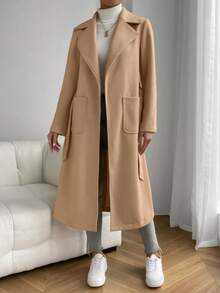 秋季女士翻领双口袋腰带长款女式外套 - 卡其色 - 查看 4