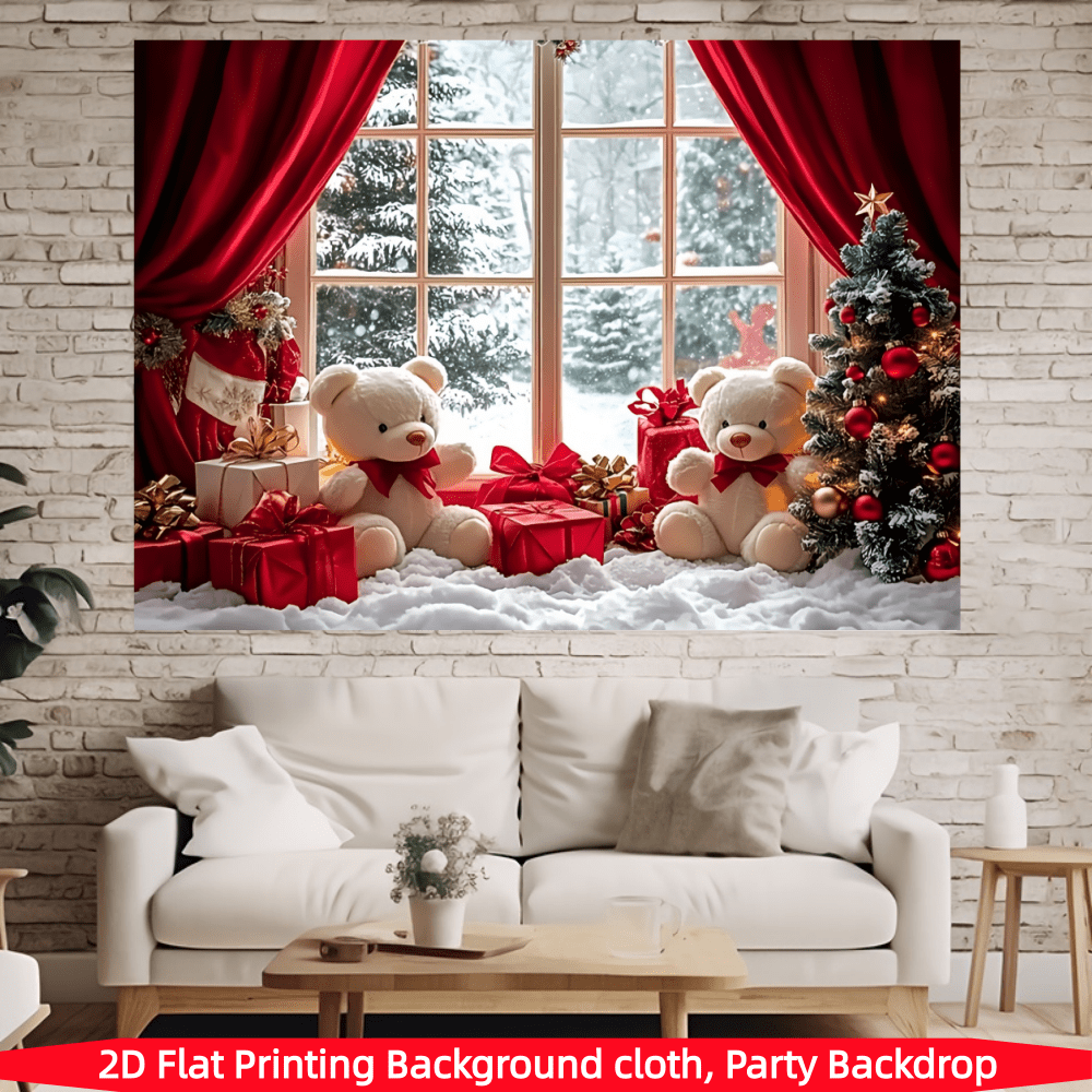 1pc 2D Flat Christmas Tree & Bear Wreath Background - Vibrant Holiday Decor With Snowy Window Scene, Red Curtains And Gift Details, Suitable For Indoor And Outdoor Celebrations, BBQs Or Family Gatherings! Easy To Hang Outdoor Christmas Decoration, Holiday Celebration And Photo Prop, Christmas Ornament, Available In Multiple Sizes