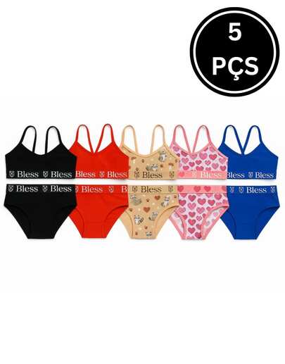 Kit 5 conjuntos juvenil pré adolescente calcinha e sutiã lisos e estampados algodão