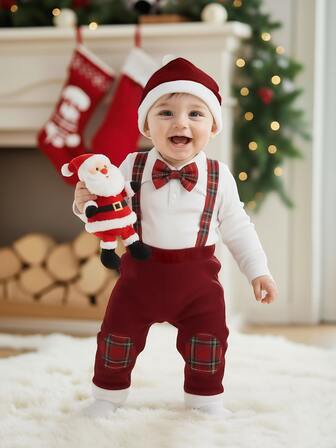 3pcs Christmas Outfit For Baby Boys: Lapel Long Sleeve Cotton Blend Jumpsuit, Plaid Overalls With Suspenders, Santa Hat, Christmas & New Year Gift