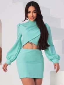 Women's Set Cropped Long Puff Sleeve And Short Tight Skirt In Premium Tailoring Candy Colors Elegant, Sophisticated And Modern Look Summer Fashion 2025 - 開心果綠 - 查看 2