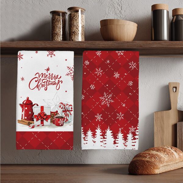 2pcs Christmas Tree & Snowflake With Coffee Cookie Pattern Kitchen Towels, 40*60cm Soft Microfiber Material Tea Towels, Suitable For Home, Kitchen, Restaurant, Outdoor Camping, Tabletop Cleaning, Dish Washing, Christmas Holiday Gift