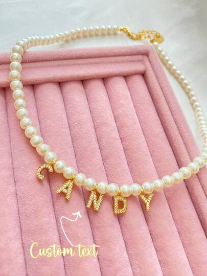 1Pc Personalized Zirconia Letter Necklace With Pearl Chain, Customized Cubic Zirconia Initial Letter Pearl Necklace, Engagement Wedding Jewelry Fashion Accessories, Christmas Gift,Autumn, Simple, Casual, Vintage, Unique, Ideal Gift For Girlfriend, Mom, Family, Friend, Daughter, For Anniversary, Valentine's Day