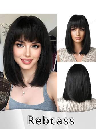 优雅女士短款鲍勃假发 12 英寸直发玫瑰网帽自然造型适合所有人合成纤维假发，适合女性和女孩日常佩戴派对礼物送给女士圣诞装饰圣诞礼物黑色/红色/棕色