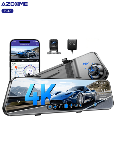 Caméra de rétroviseur AZDOME 4K 12 pouces, caméra de tableau de bord WiFi avant et arrière, caméra arrière 1080P étanche, GPS, commande vocale, WDR, vision nocturne, assistant de conduite