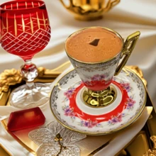 Ceramic Espresso Cup Saucer Set Christmas Gifts,100ml/ 3.38oz Luxury Floral Gold Border Pattern Pink Red Black,Cappuccino Latte Cup, Middle Eastern Tea Cup Latte Espresso And Plate Elegant Home Decor, Latte And Mocha, Suitable For Women's Birthday Parties