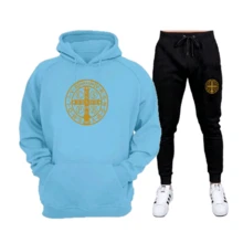 Gold Flannel Sweatshirt Set With Saint Benedict Print - Immediate Shipping - Excellent Quality - 淡藍色+黑色 - 查看 1