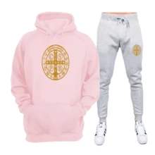 Gold Flannel Sweatshirt Set With Saint Benedict Print - Immediate Shipping - Excellent Quality - 粉紅色+灰色 - 查看 1