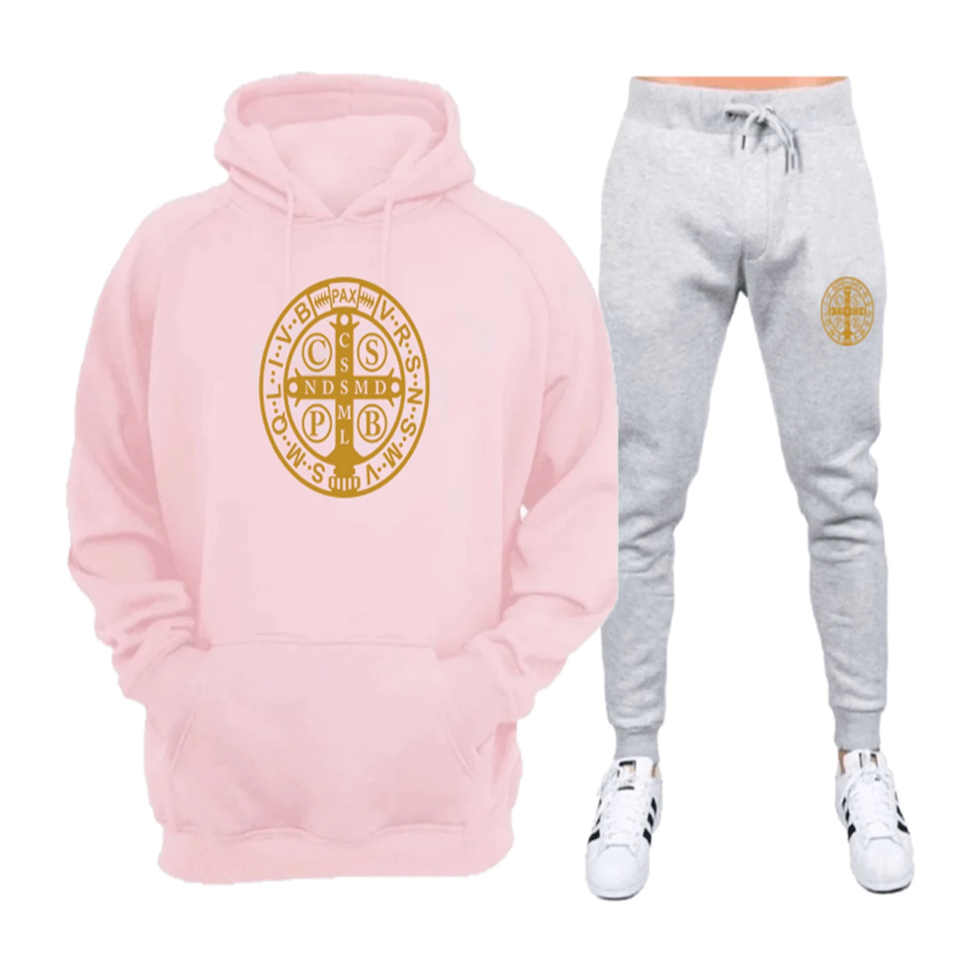Gold Flannel Sweatshirt Set With Saint Benedict Print - Immediate Shipping - Excellent Quality - 粉紅色+灰色 - 查看 1