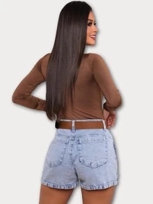 Noble Denim Look Short Mon Jeans Cintura Alta - azul aço - Visão 3