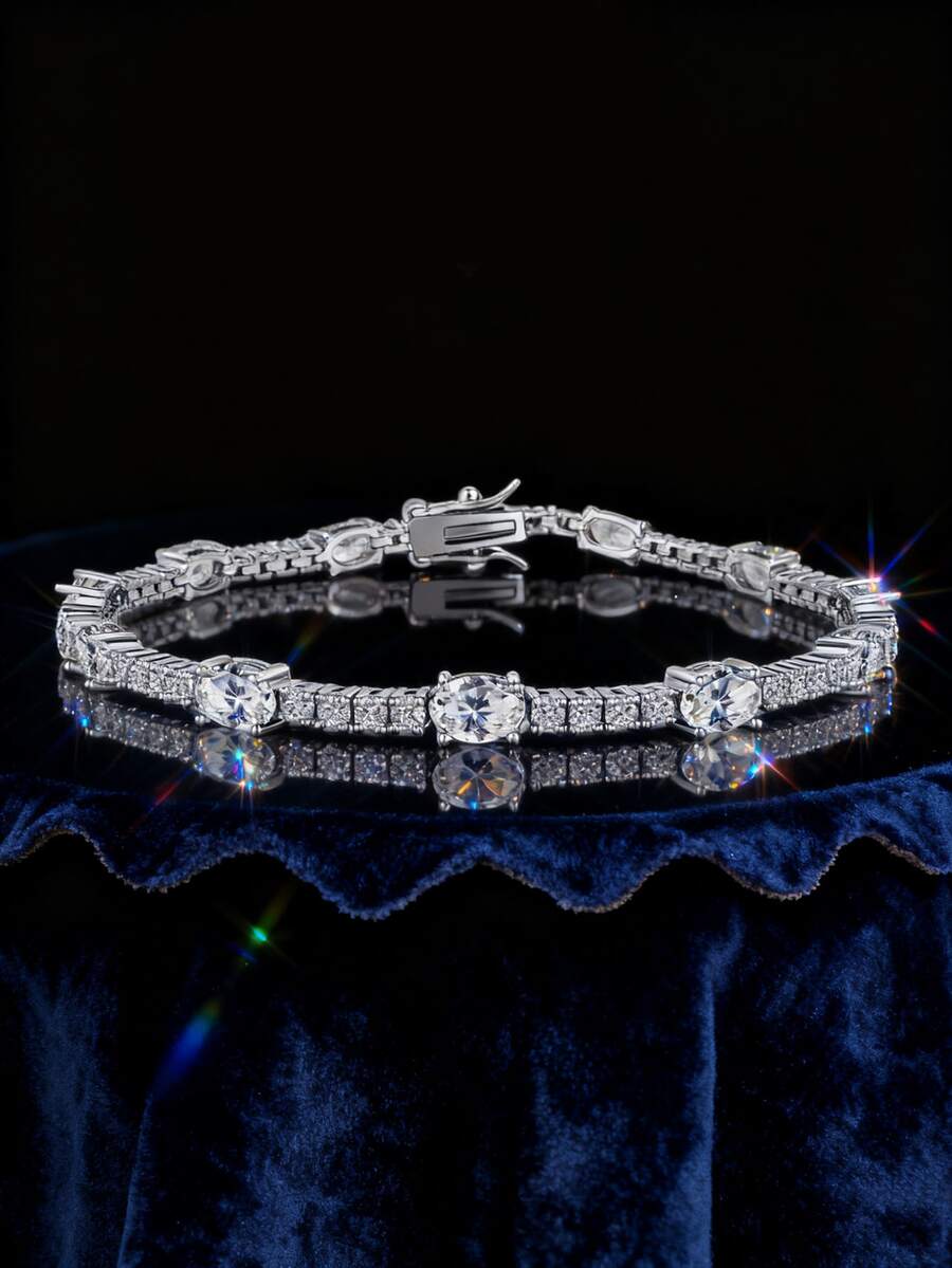1 Đơn Giản & Thời Trang Đá Cubic Zirconia Vòng Tay Hình Quả Trứng, Thích Hợp Cho Phụ Nữ Mặc Hàng Ngày - Bạc - Xem 1