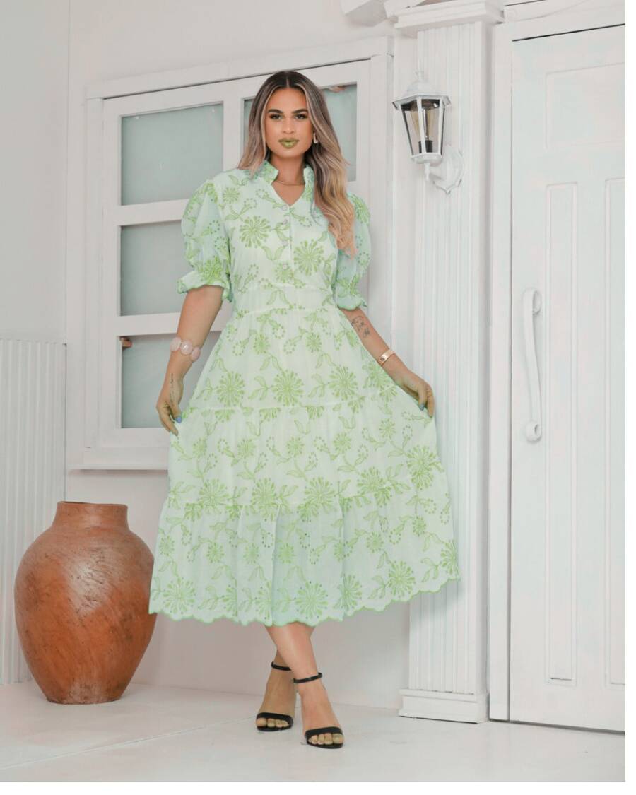 Women's Fashion Midi Dress In 3D Laise Fabric With Elastex On The Back And Button On The Front And Lining - putih/hijau - View 1