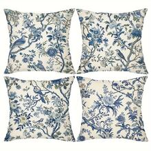 2D, 4Pcs Chinoiserie Blue Bird & Flowers Single-Side Print Throw Pillow Covers - 17.7x17.7 Inches, Vintage Floral Decor For Rustic Farmhouse Homes, Ideal For Porch, Patio, Couch, Sofa & Outdoor Use, Machine Washable With Zipper, Pillow Inserts Not Included - Multicolor - View 2